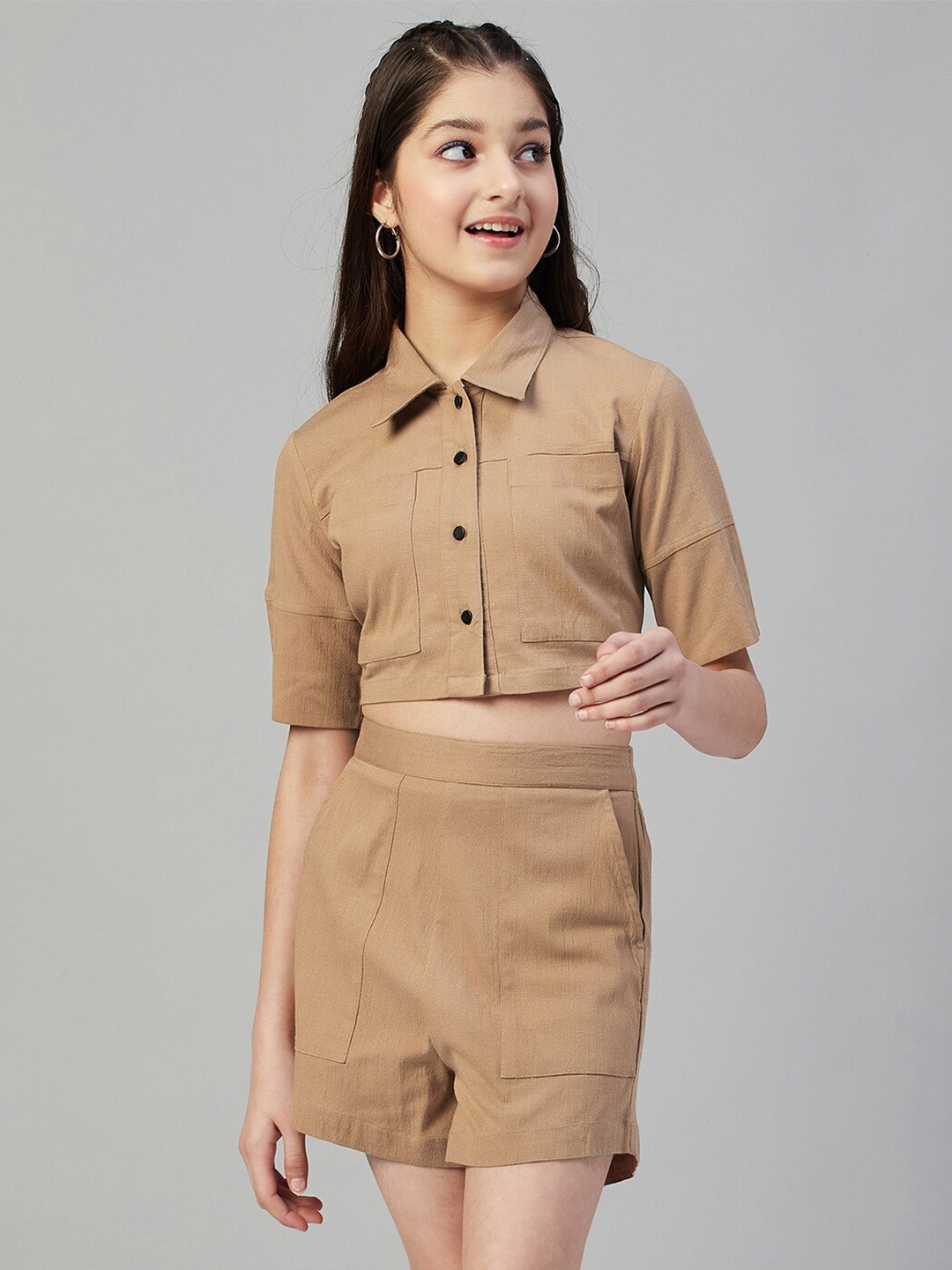 Stylo Bug Girls Spread Collar Short Sleeves Crop Shirt with Shorts Clothing Set