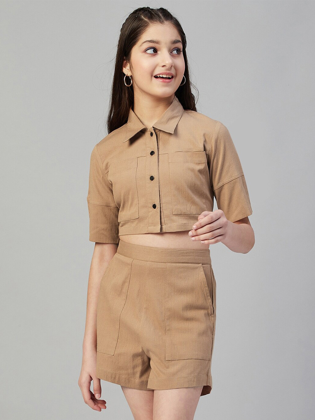 Stylo Bug Girls Spread Collar Short Sleeves Crop Shirt with Shorts Clothing Set