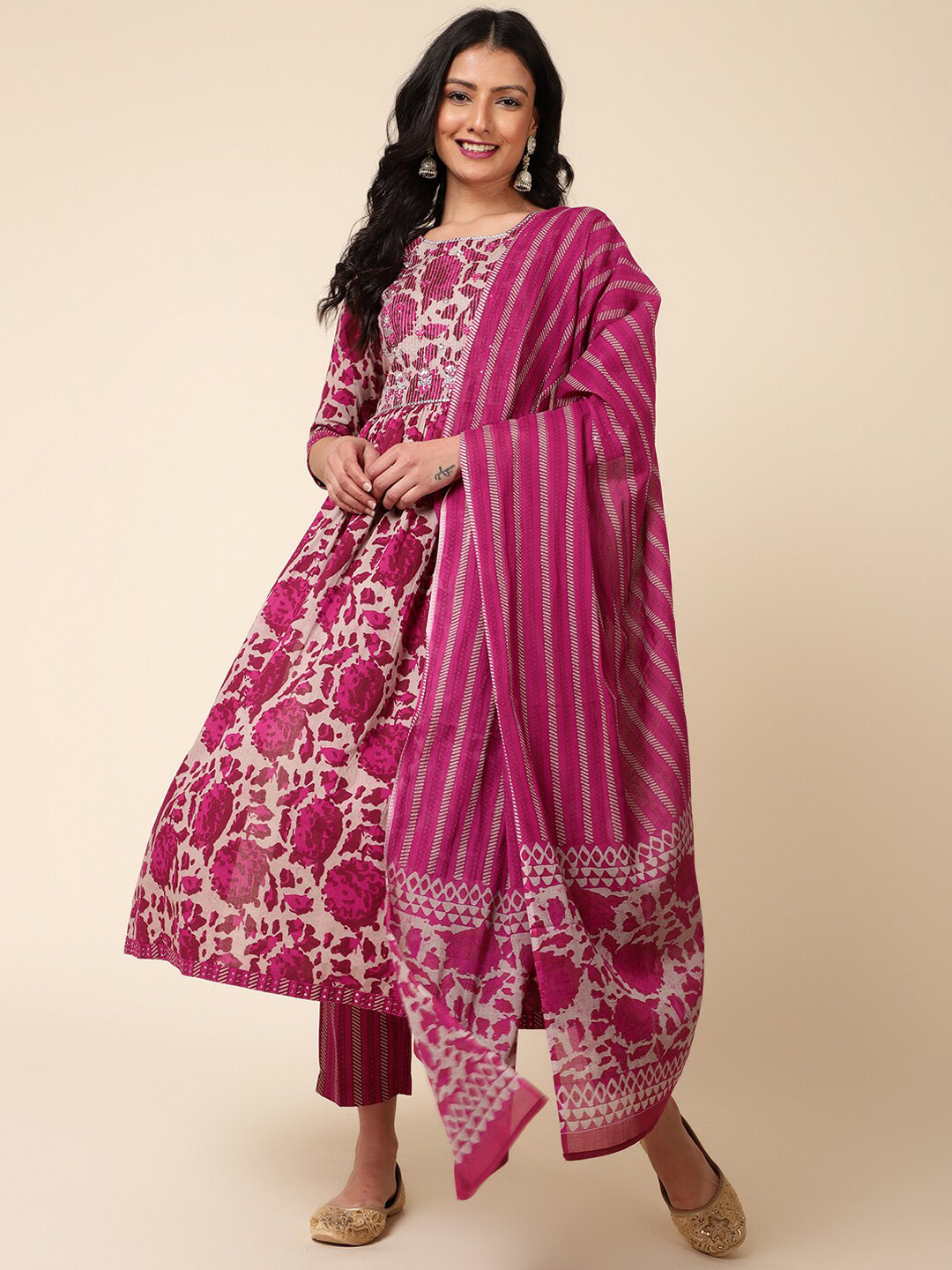 Bani Women Floral Printed Block Print A-Line Pure Cotton Kurta with Trousers & Dupatta
