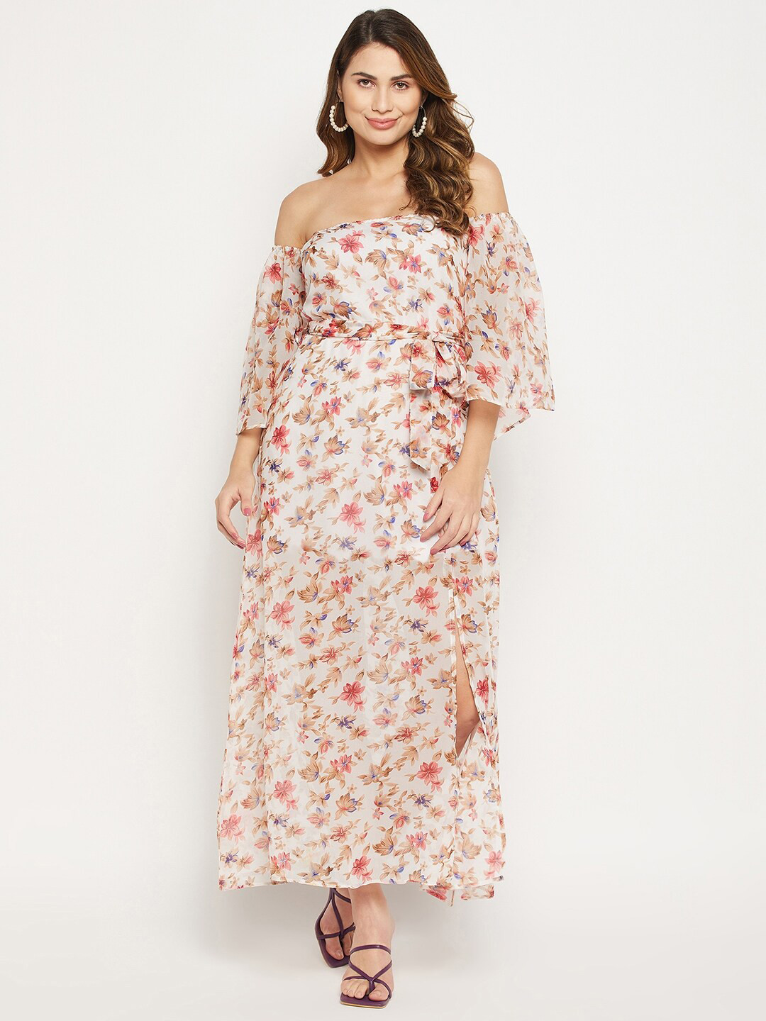 Bitterlime Off Shoulder Floral Printed Georgette Maxi Dress With Belt