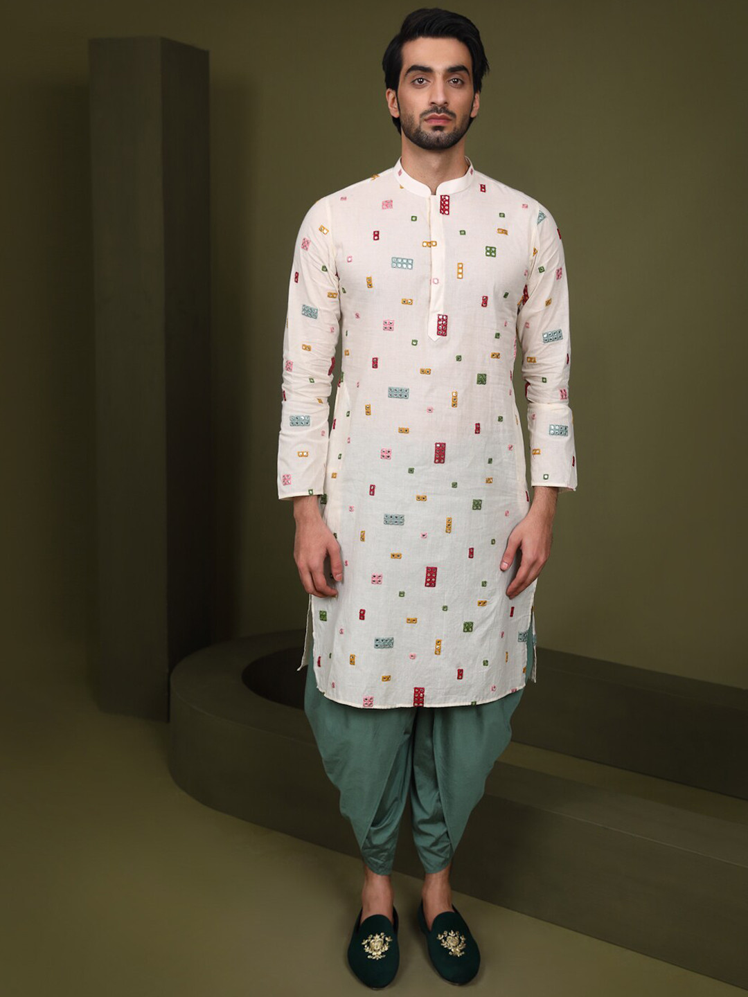 KISAH Geometric Embroidered Mirror Work Curved Pure Cotton Kurta with Dhoti Pants
