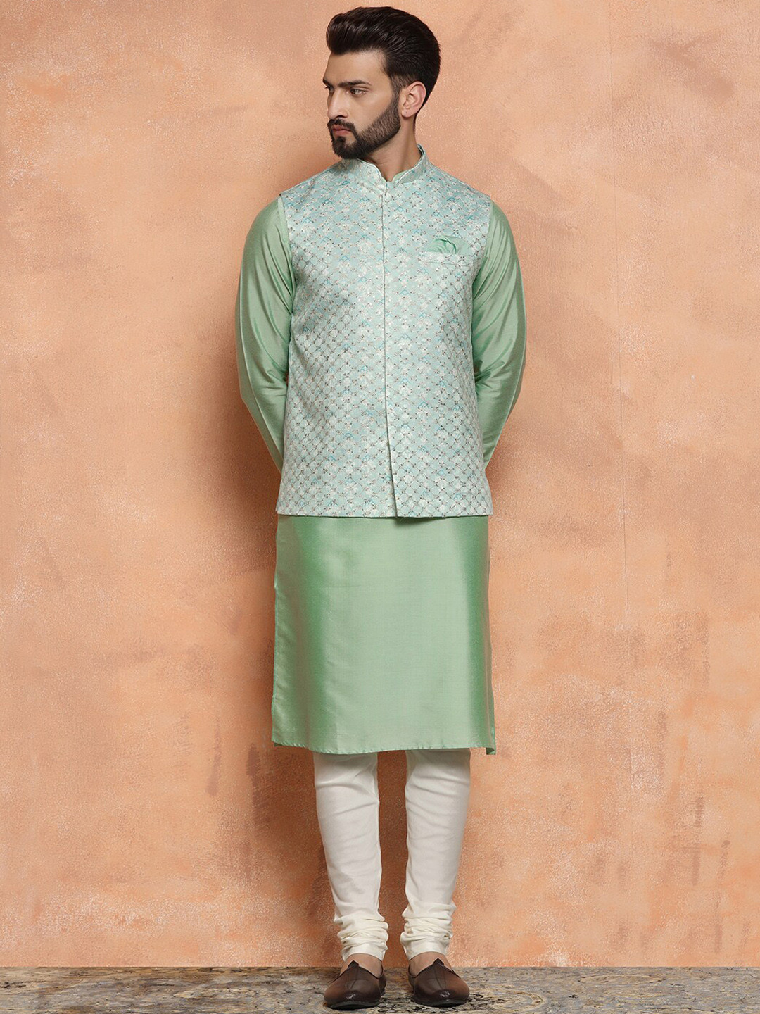 KISAH Men Embroidered Regular Fit Heavy Thread Work Kurta Jacket Churidar Set
