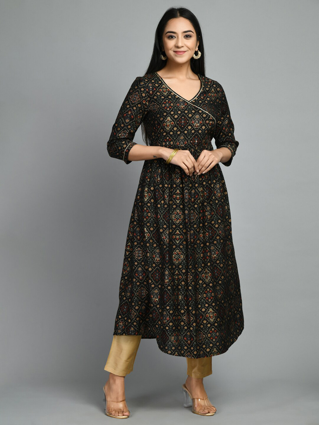 MEESAN Floral Printed V-Neck Angrakha A-Line Kurta