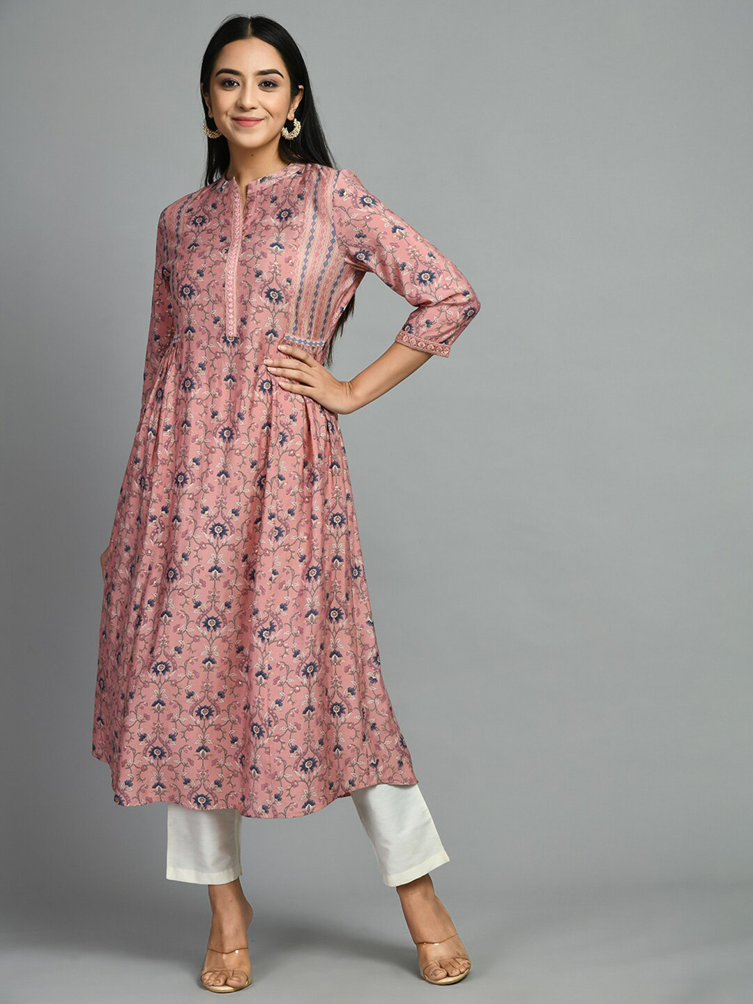 MEESAN Band Neck Floral Printed Pleated Modal A-Line Kurta
