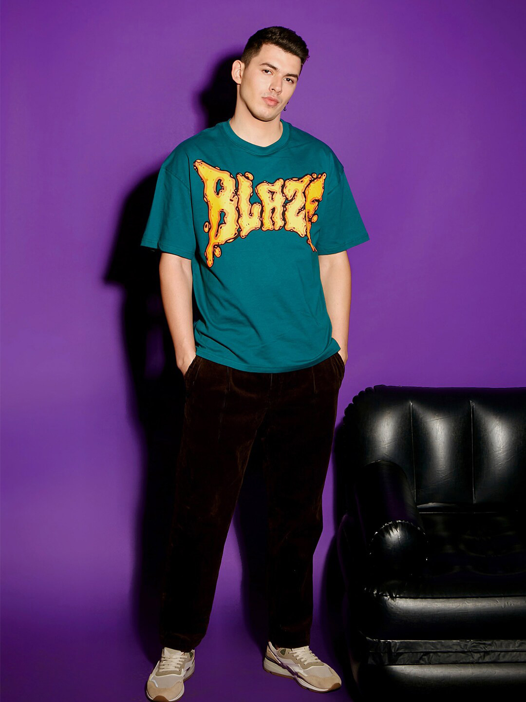 Teal Green Typography Printed Relaxed Fit T-shirt