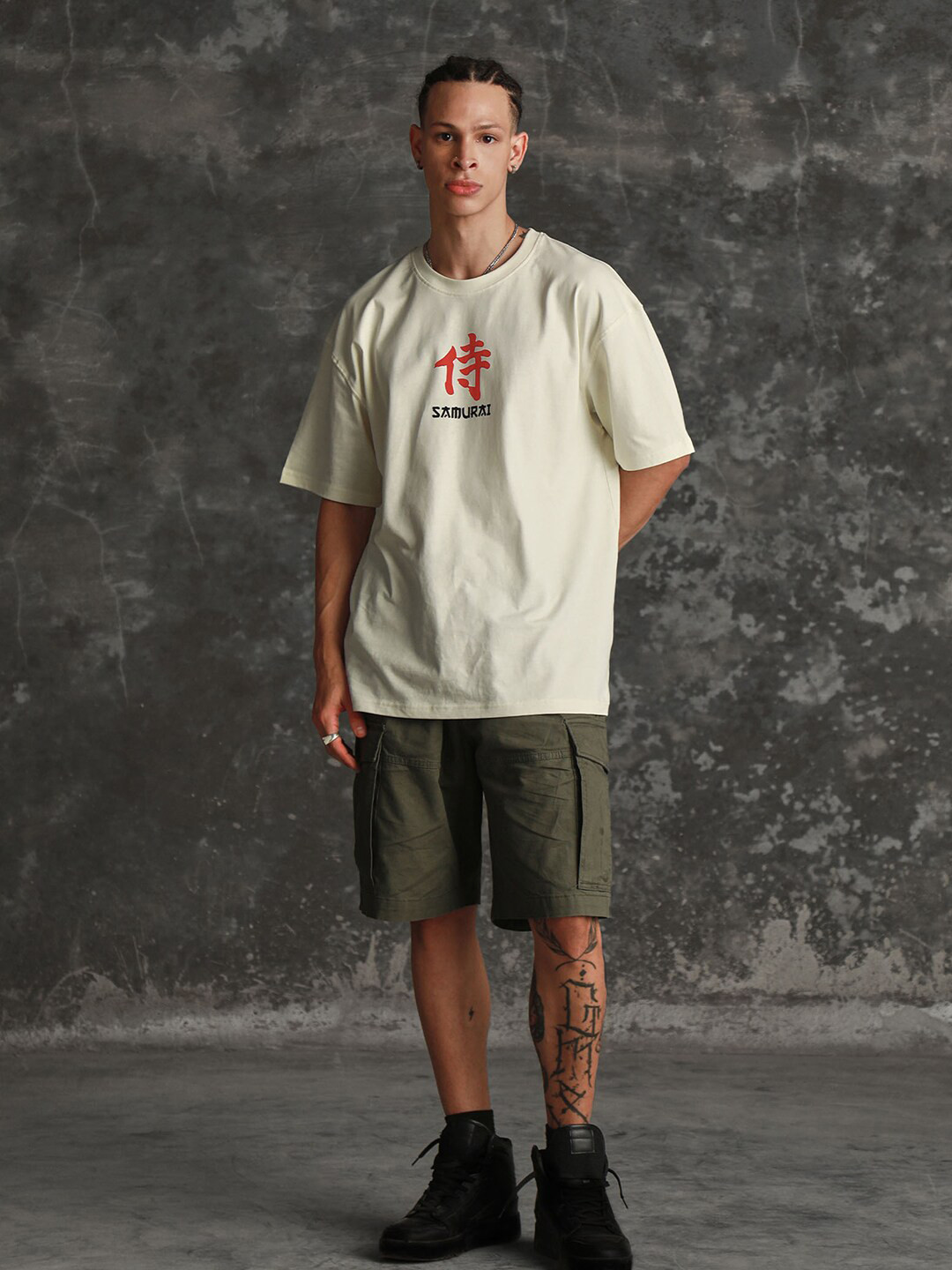 Cream Graphic Printed Oversized Cotton T-shirt with Drop-Shoulder Sleeves