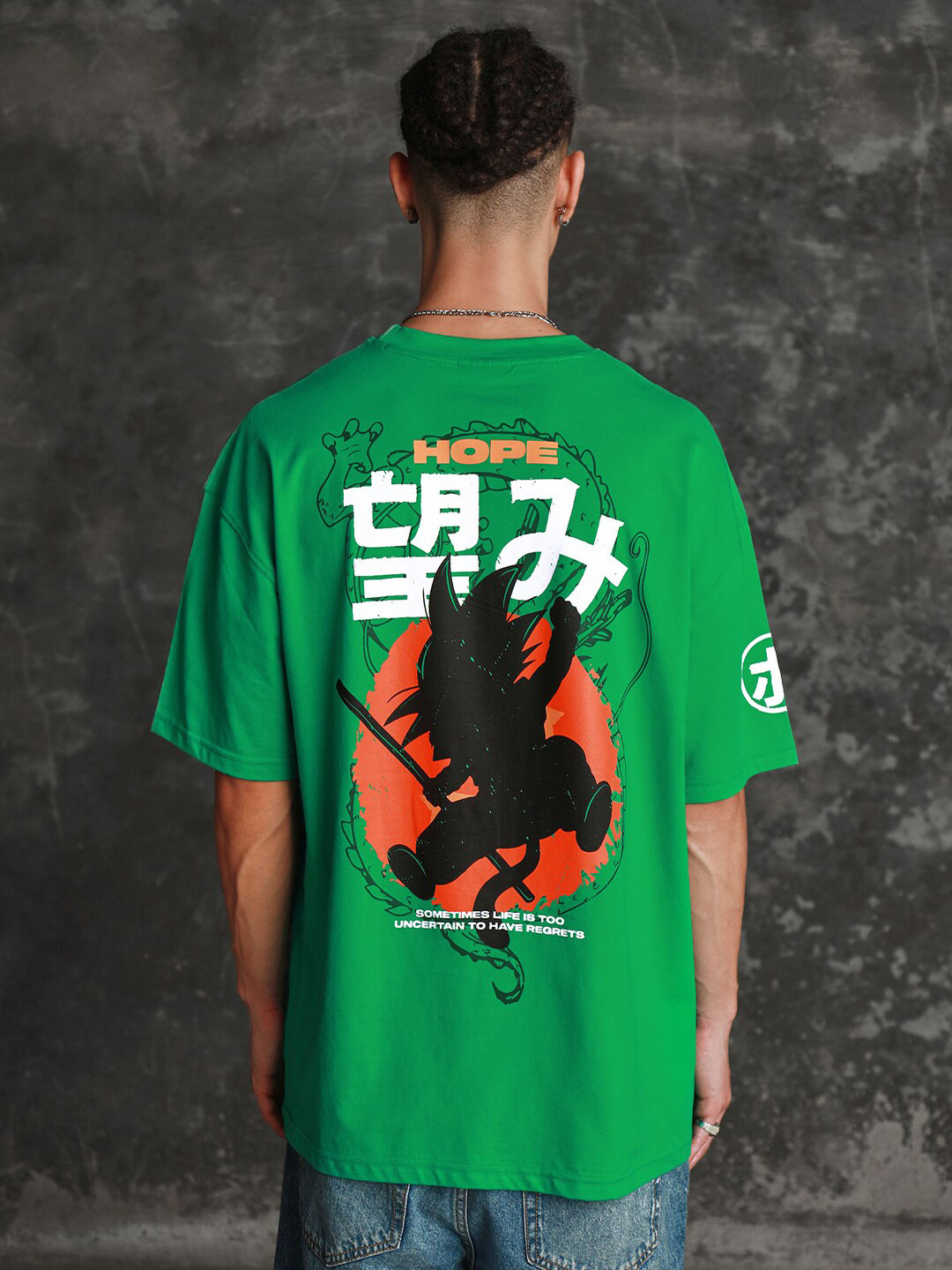 Bonkers Corner Green Graphic Printed Drop-Shoulder Sleeves Cotton Oversized T-shirt