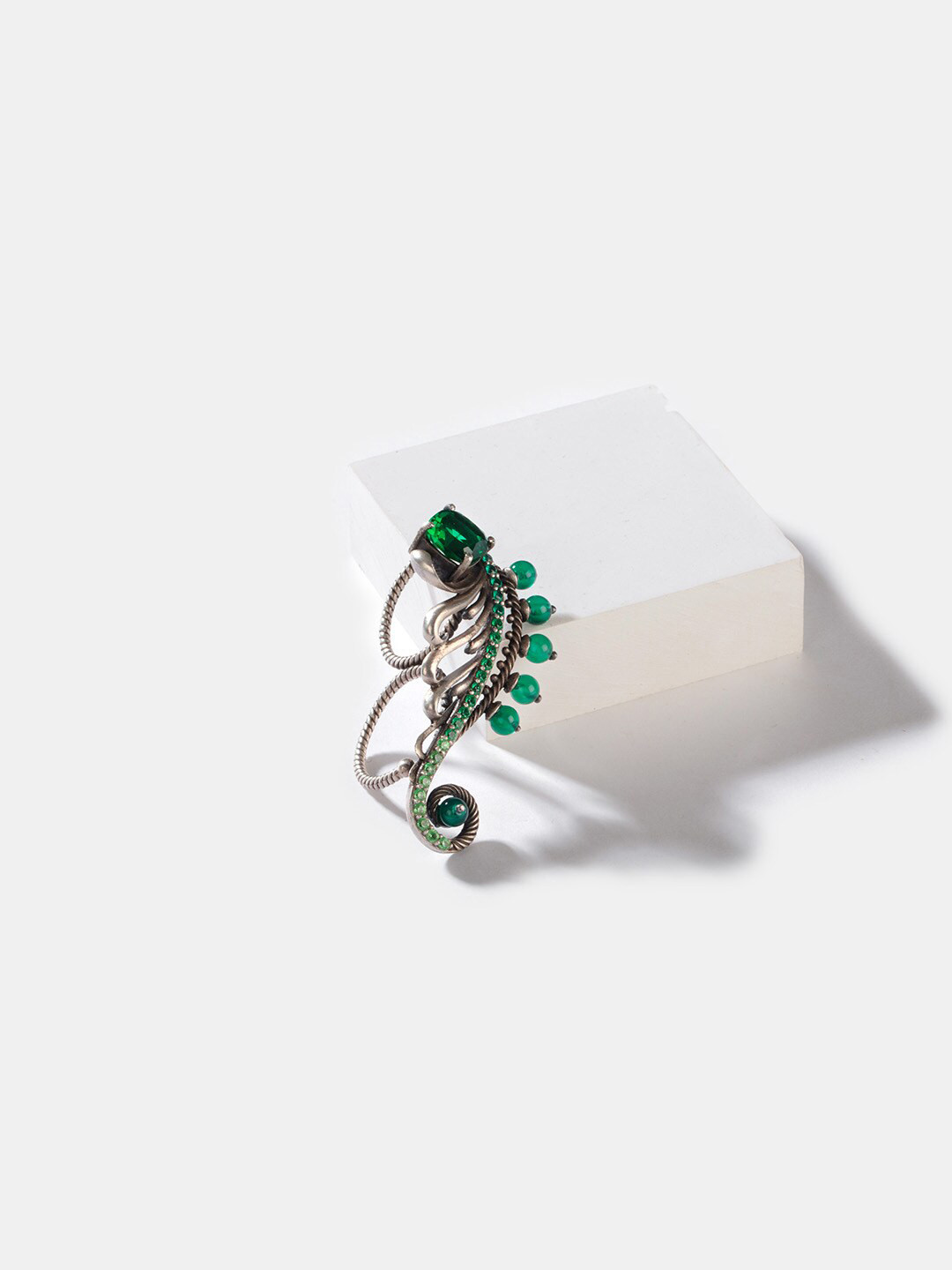SHAYA 925 Sterling Silver CZ-Studded & Onyx Beaded Oxidised Finger Ring
