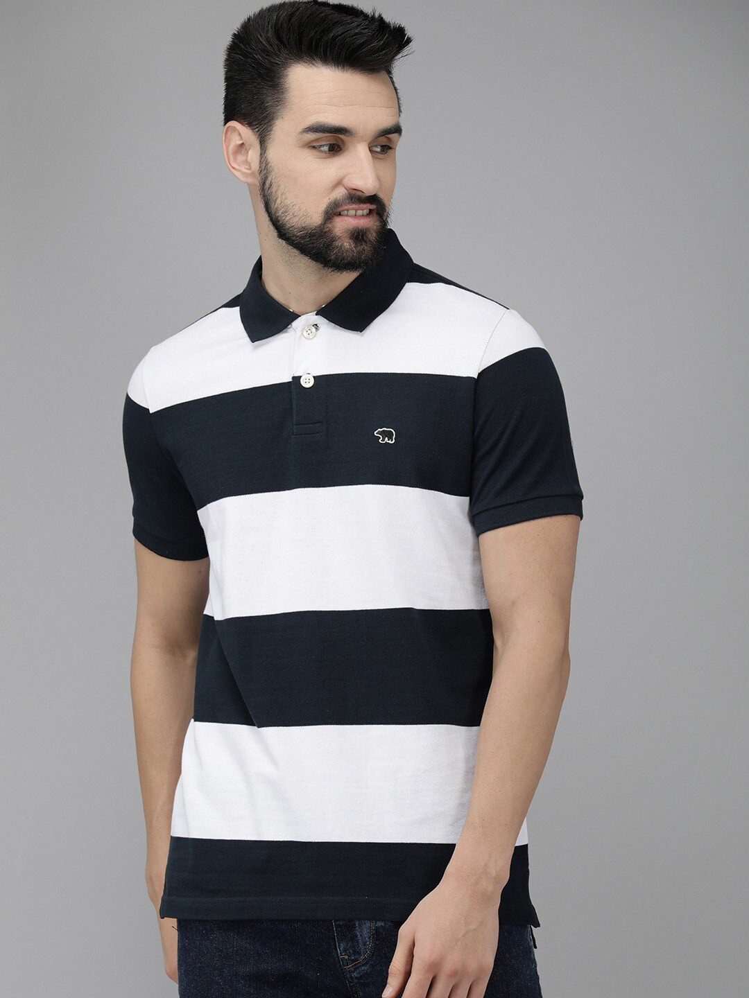 THE BEAR HOUSE Striped Polo Collar Slim Fit Cotton T-shirt
