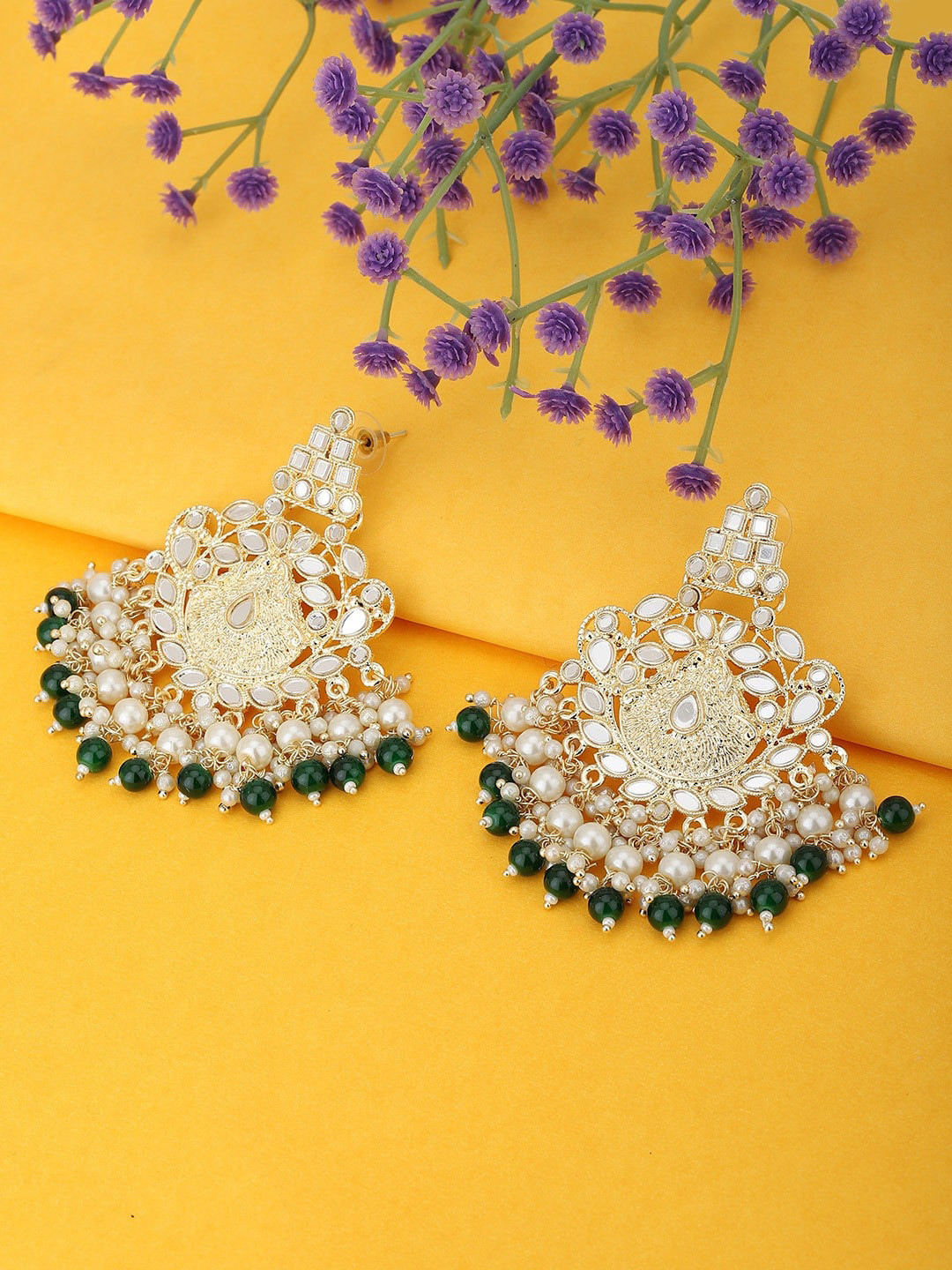 Carlton London Gold-Plated Stone Studded & Beaded Contemporary Chandbalis