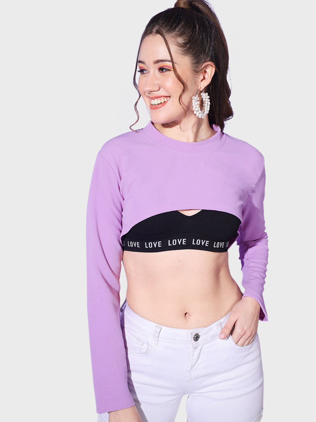 BUY NEW TREND Round Neck Long Sleeves Bust Crop Top
