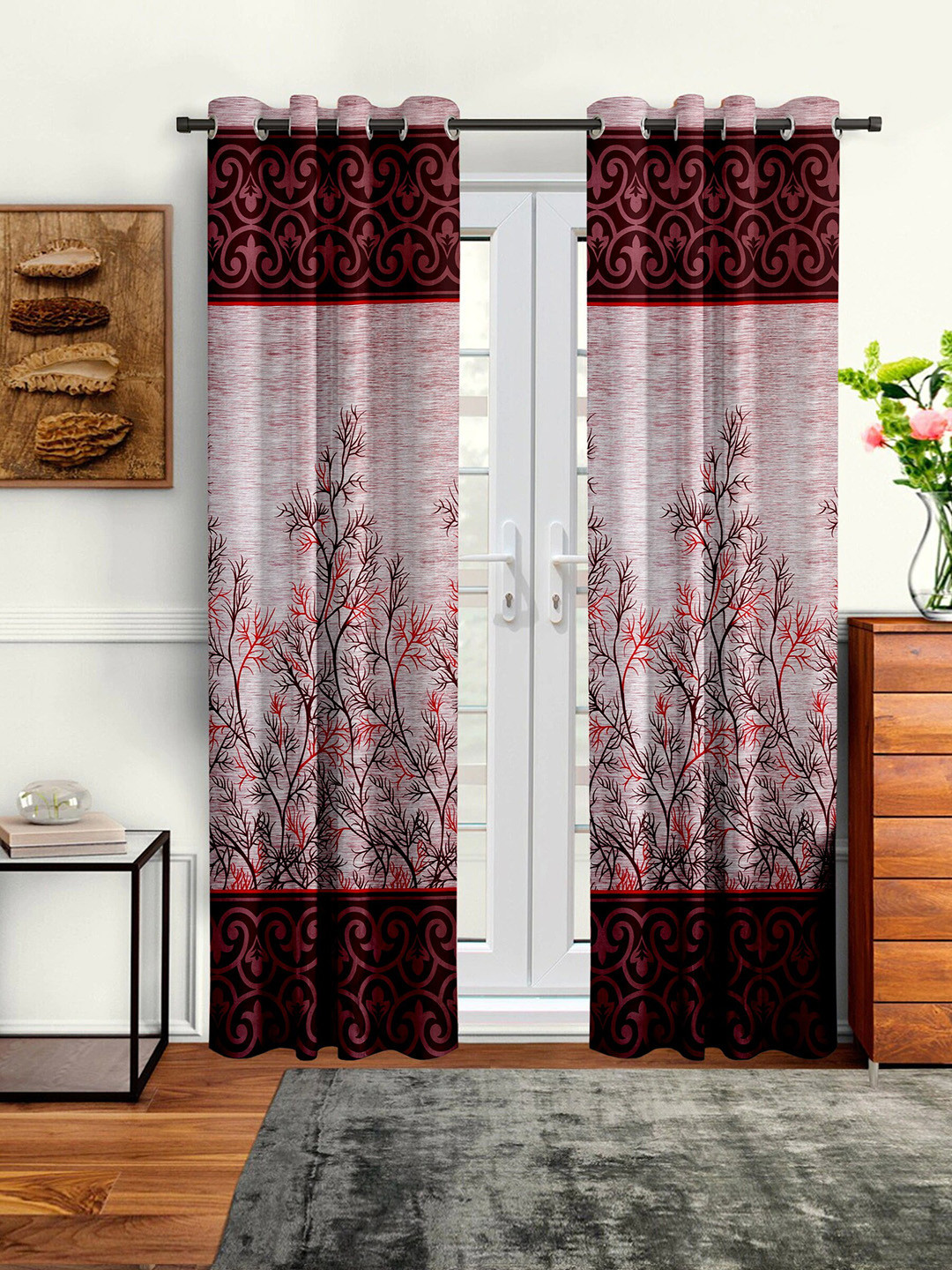 Cortina Maroon & Red 2 Pcs Floral Long Door Curtains