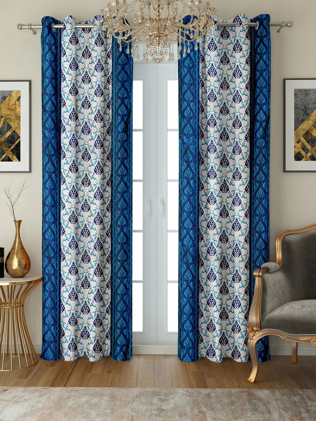 Cortina Navy Blue & White 2 Pcs Floral Long Door Curtains