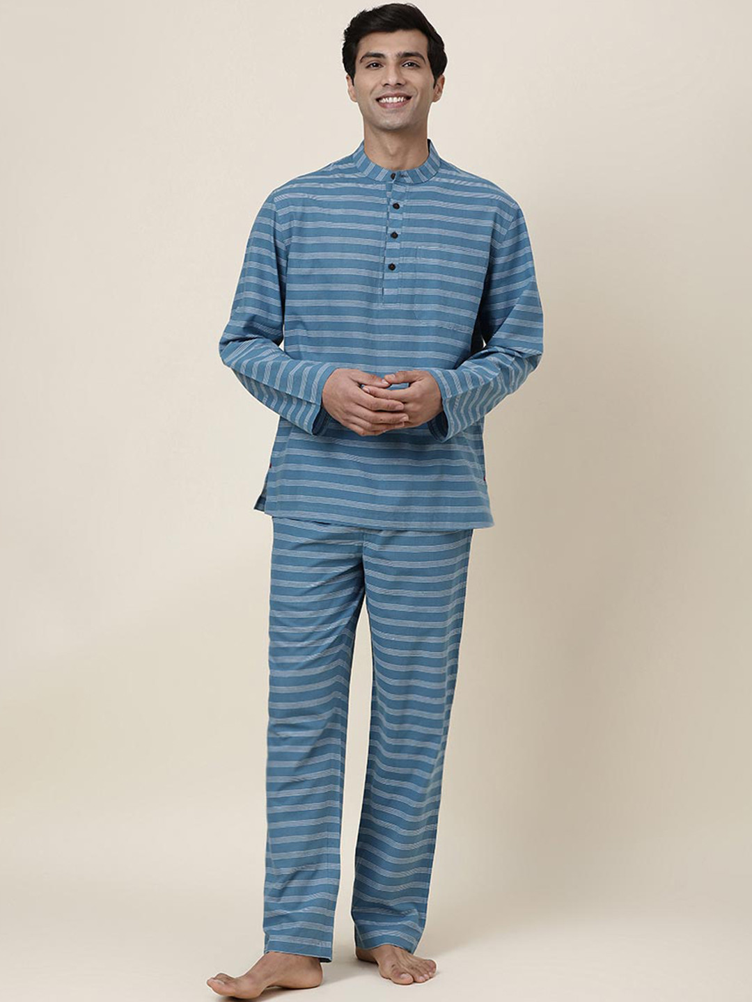 Fabindia Striped Mandarin Collar Night Suit