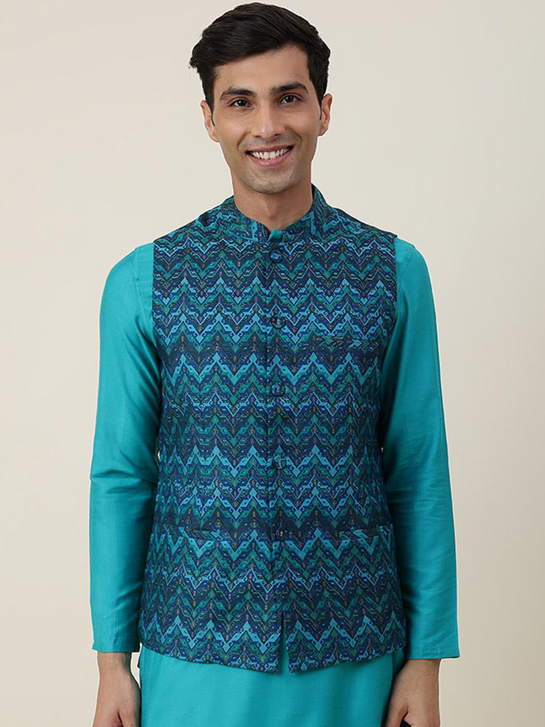 Fabindia Printed Mandarin Collar Sleeveless Nehru Jackets