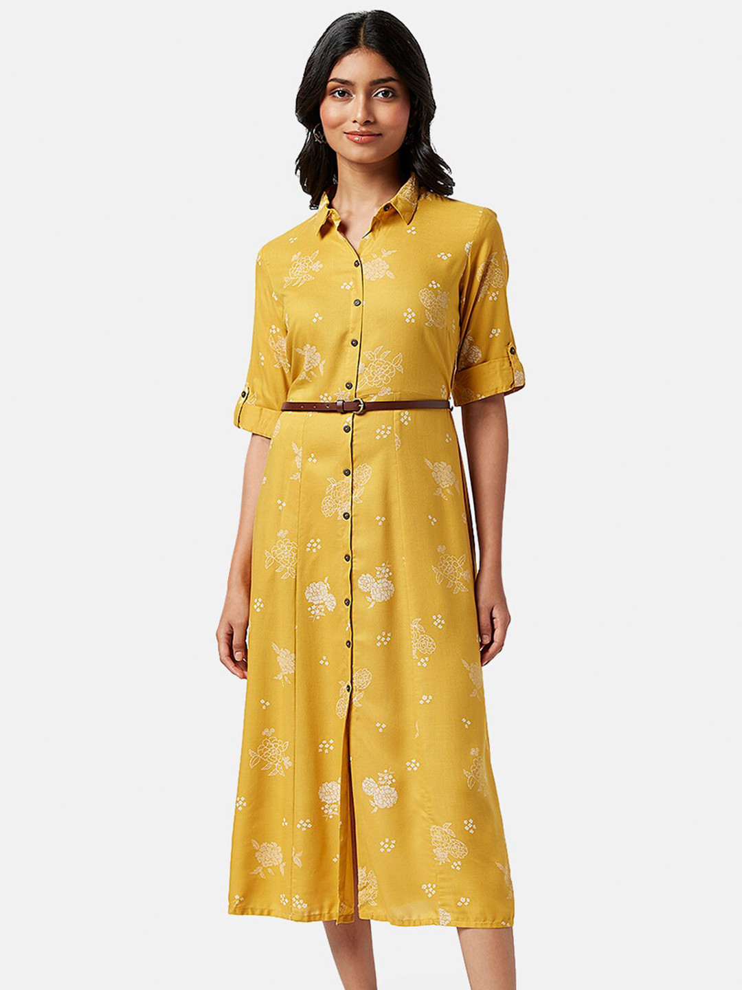 AKKRITI BY PANTALOONS Shirt Floral Collar Shirt Style Midi Dress With Belt