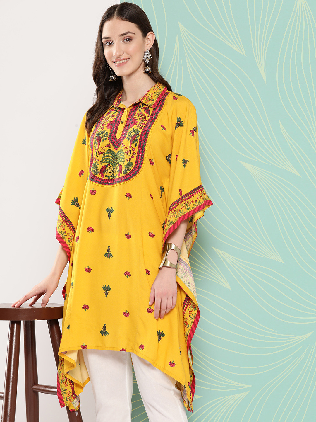 Nayam By Lakshita Yellow Floral Embroidered Flared Sleeves Mirror Work Kurta