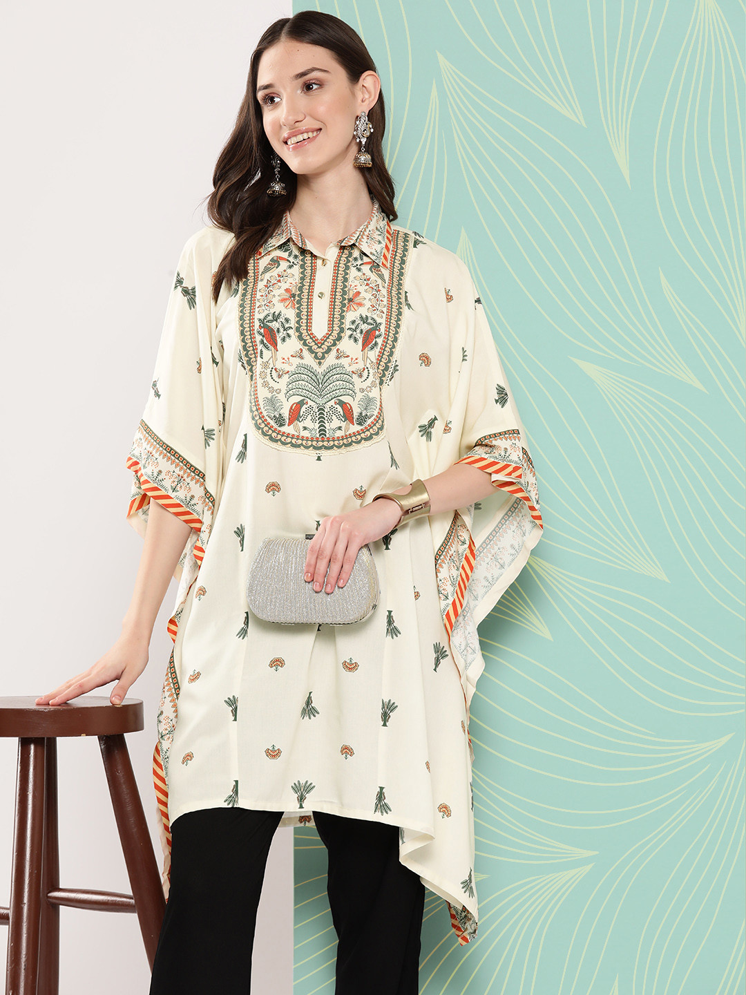 Nayam By Lakshita Cream Floral Embroidered Flared Sleeves Mirror Work Kaftan Kurta