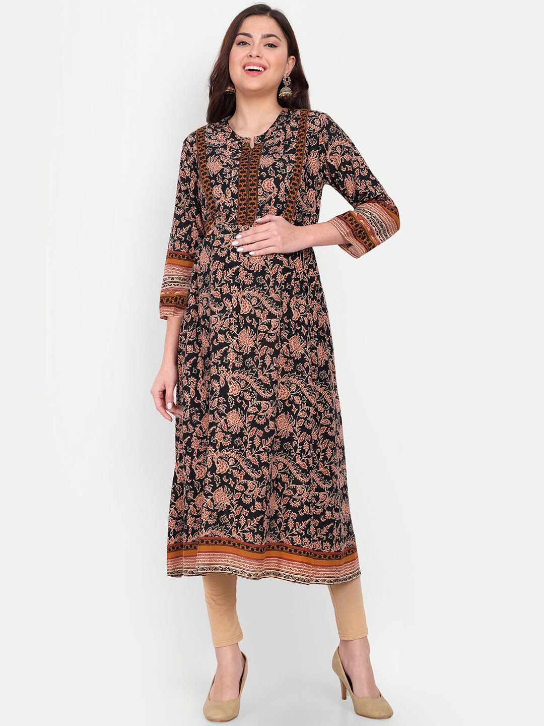 Aaruvi Ruchi Verma Band Collar Pleated Floral Printed Maternity Anarkali Kurta