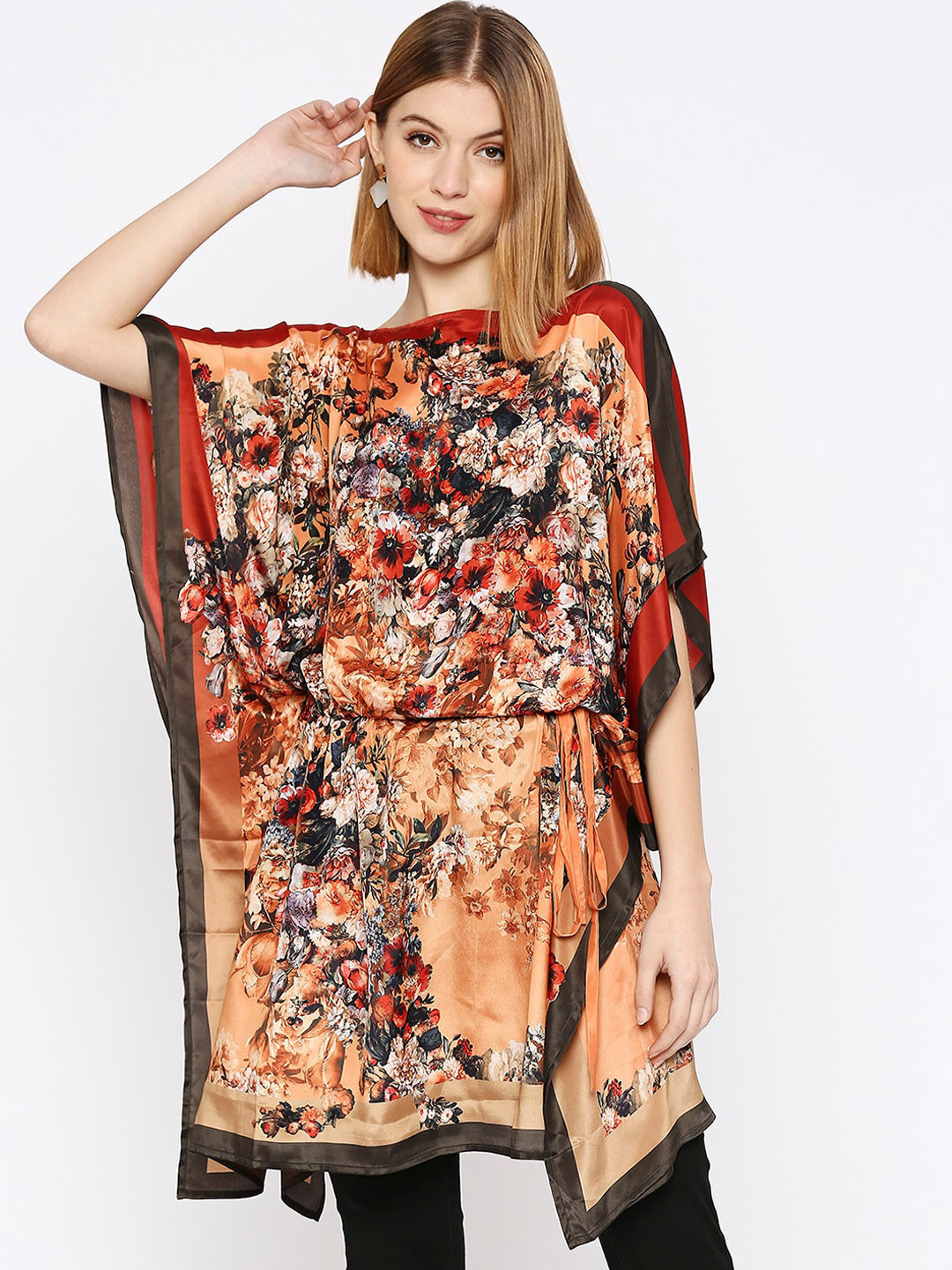 Cloth Haus India Pleated Flared Sleeves Boat Neck Floral Printed Kaftan Kurta