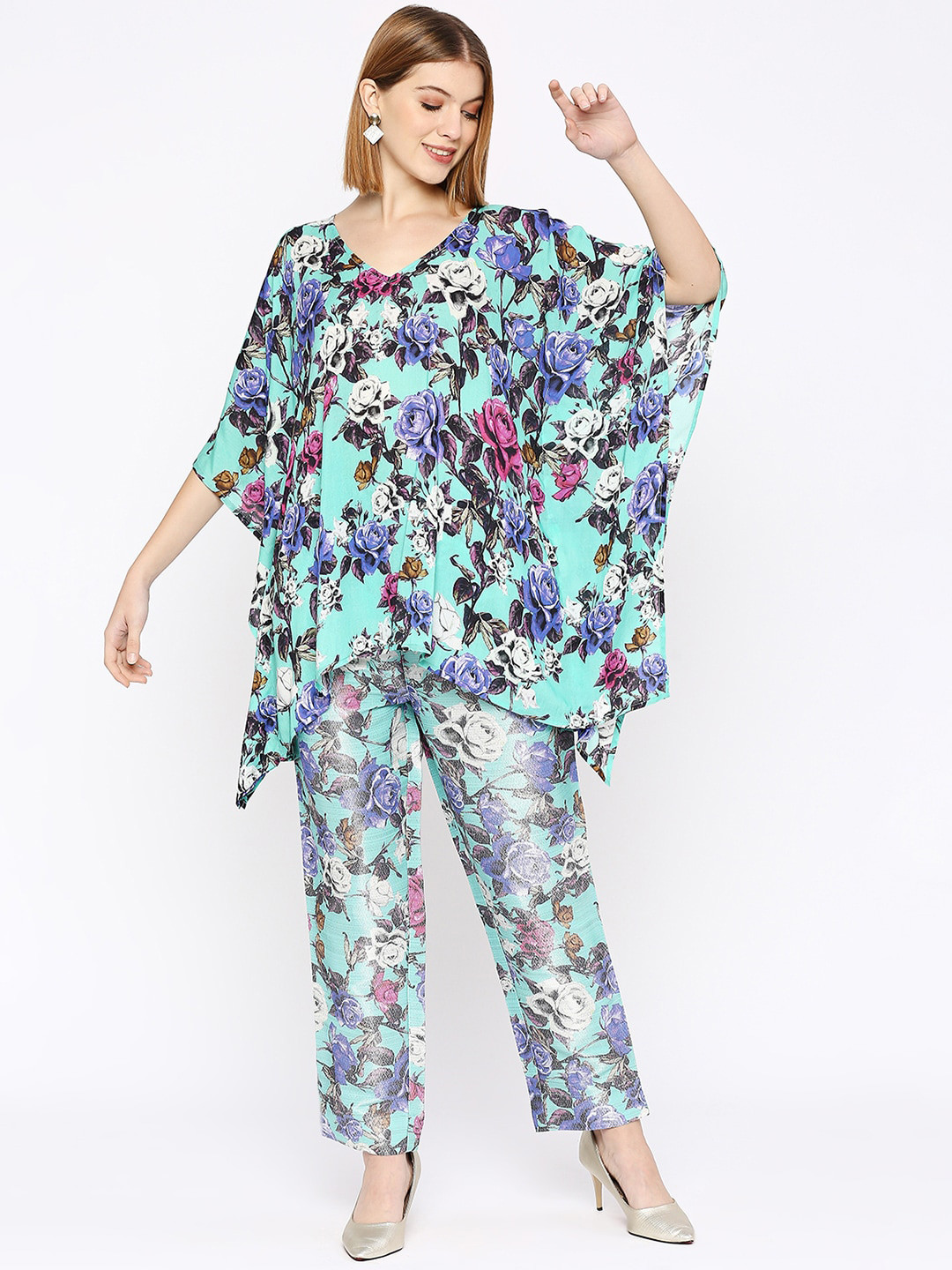 Cloth Haus India Flared Sleeves V-Neck Asymmetric Floral Printed Kaftan Kurta