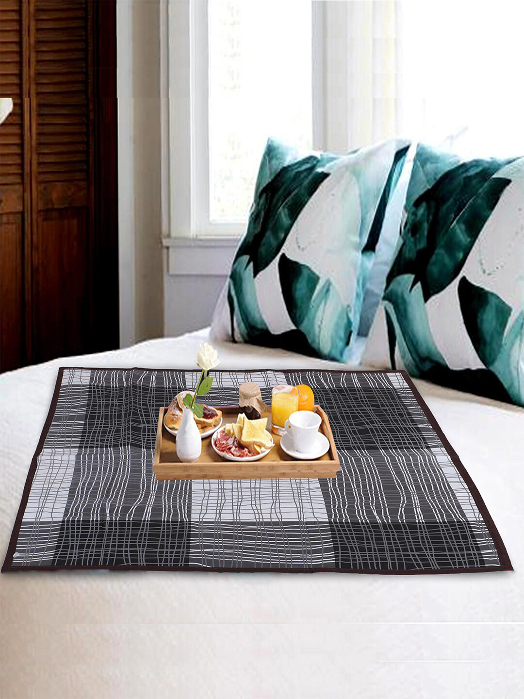 Kuber Industries Red & Pink Bed Server Rose Floral & Lines Dual Side Printed Food Mat