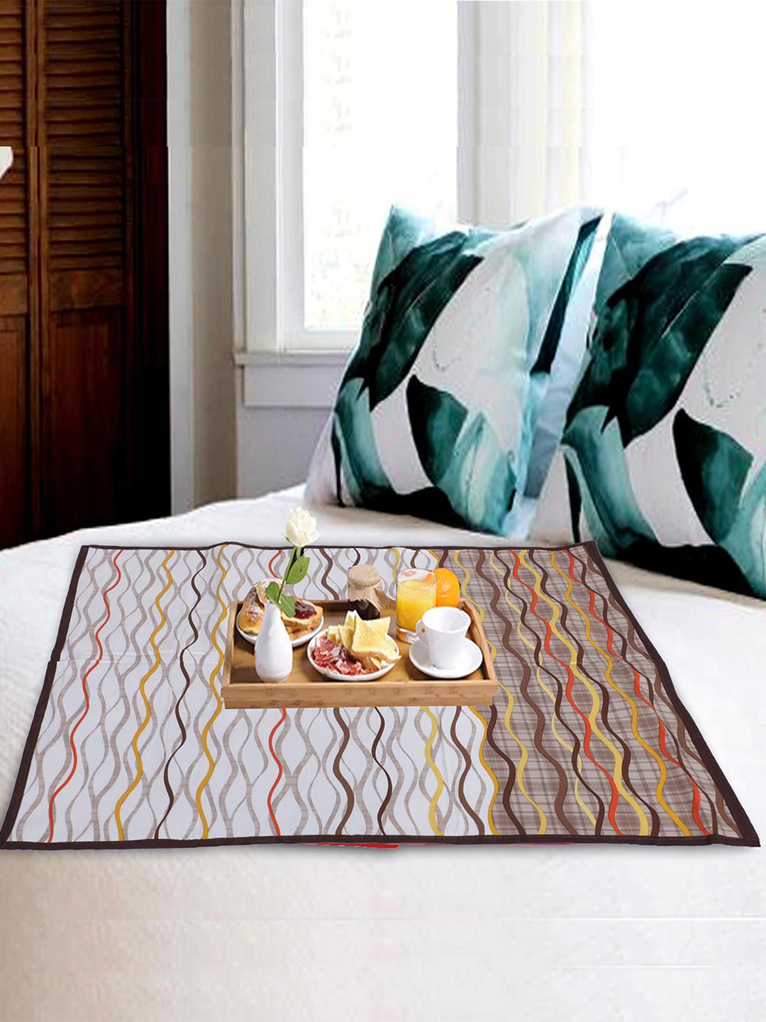 Kuber Industries Beige & Red Bed Server Rose Floral & Lines Dual Side Printed Food Mat