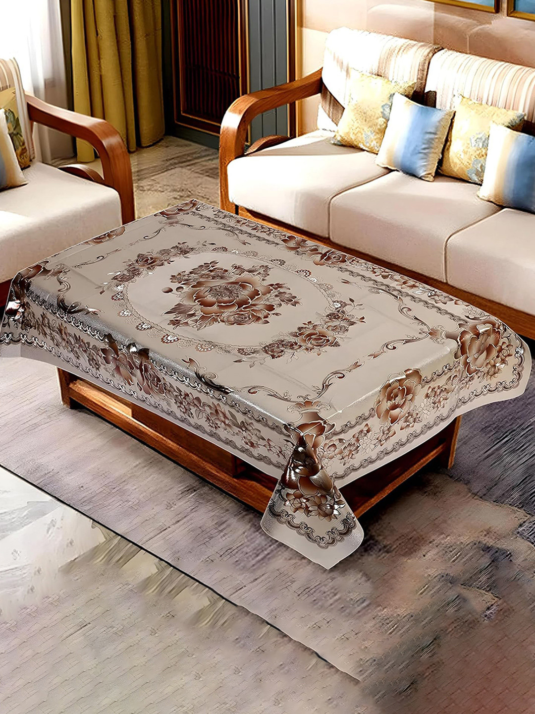 Kuber Industries Brown & Golden Floral Pattern 2-Seater Rectangular Table Cover