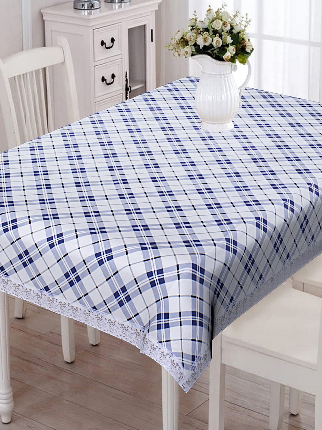 Kuber Industries White & Blue Checked Pattern 6-Seater Waterproof Rectangular Table Cover