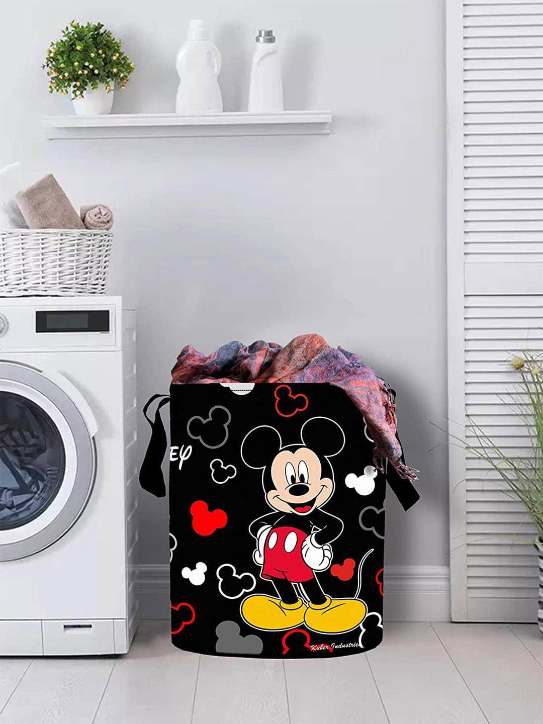 Kuber Industries Black & Red Mickey Mouse Printed Waterproof & Foldable Laundry Bag 45 Ltr