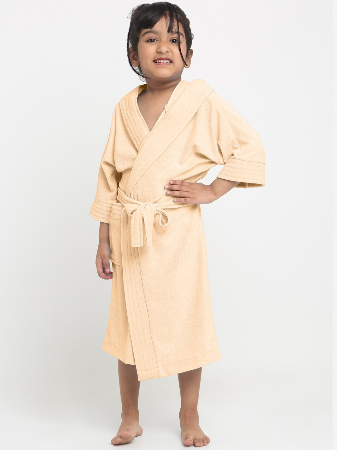 Creeva Melodious Brown Solid Terrycloth Drawstring Midi Bath Robe-14-15Y