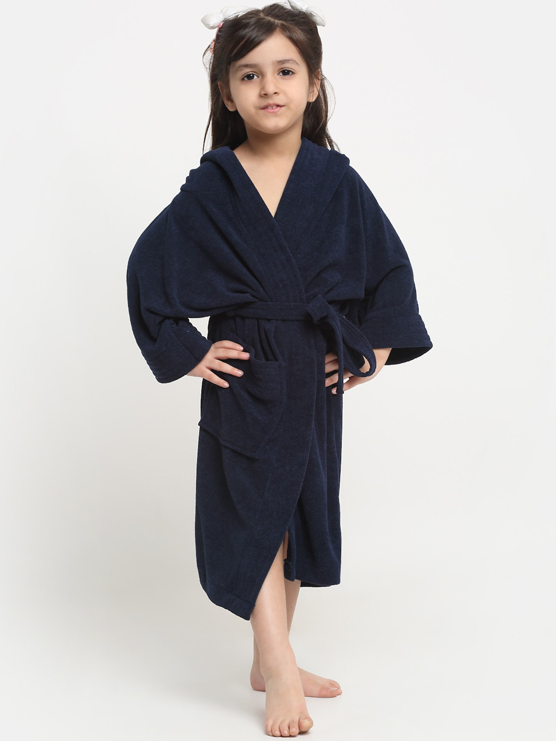 Creeva Melodious Navy Blue Solid Terrycloth Drawstring Midi Bath Robe-6-7Y