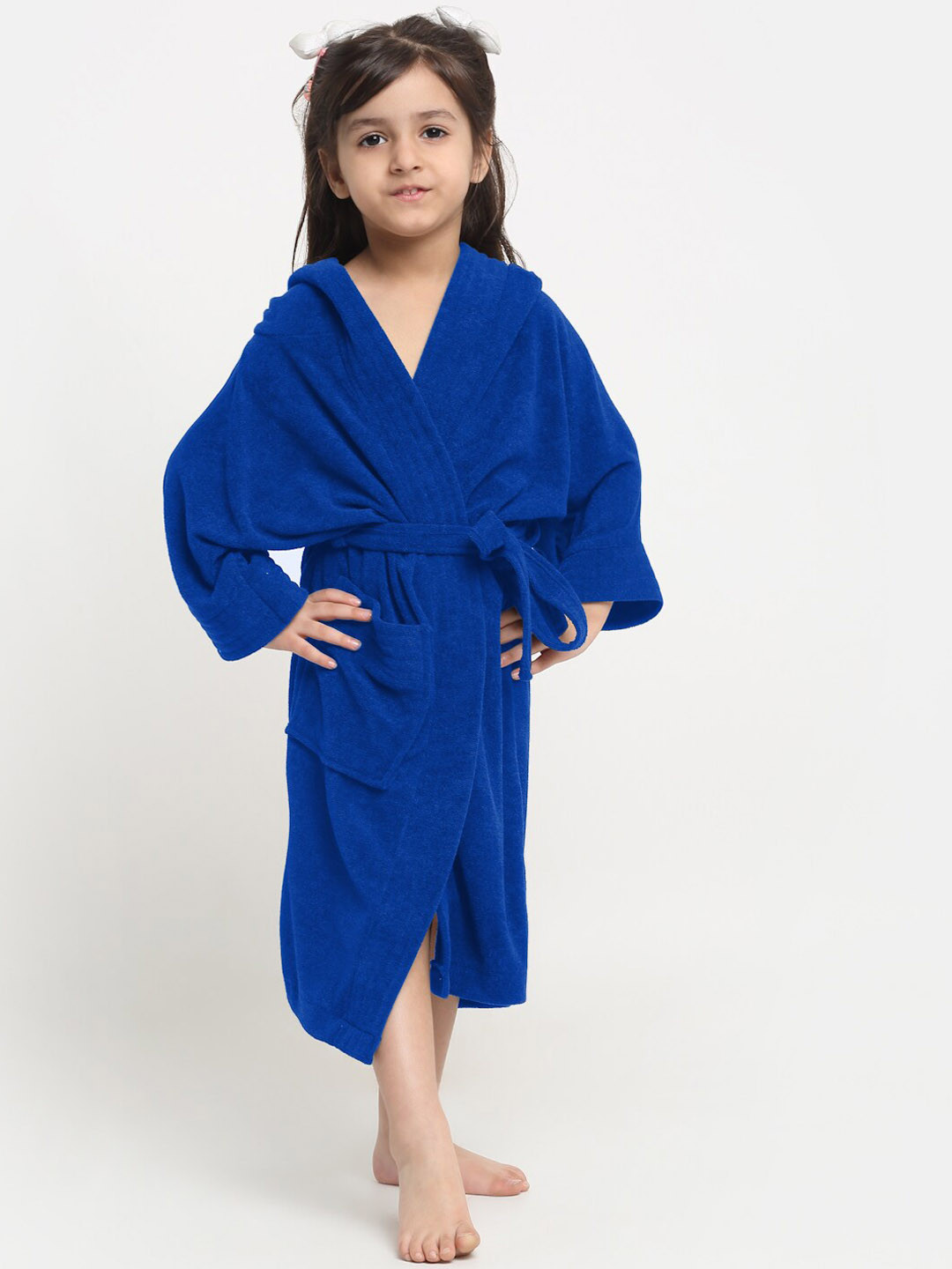 Creeva Melodious Blue Solid Terrycloth Drawstring Midi Bath Robe-4-5Y