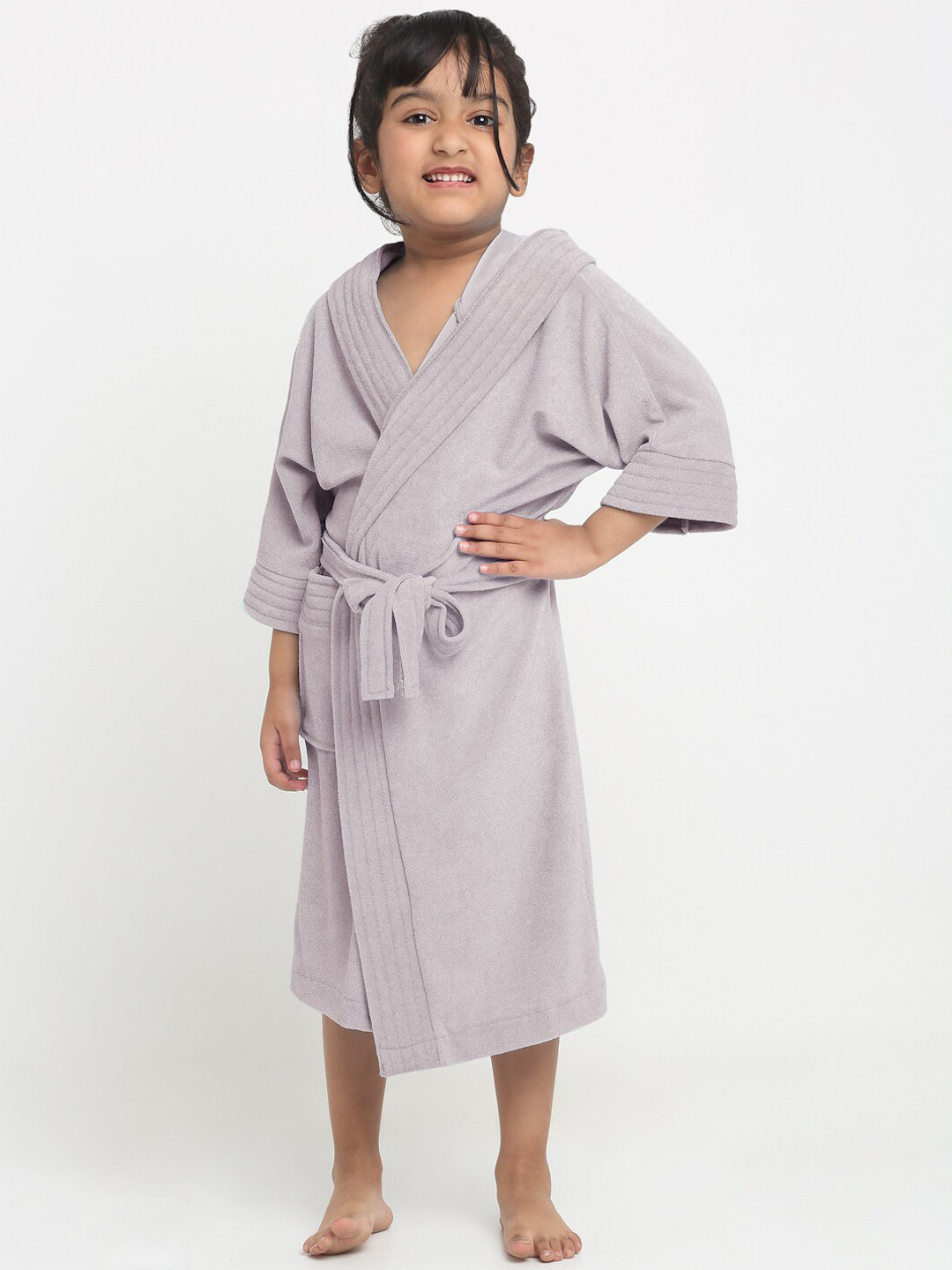 Creeva Melodious Grey Solid Terrycloth Drawstring Midi Bath Robe-4-5Y