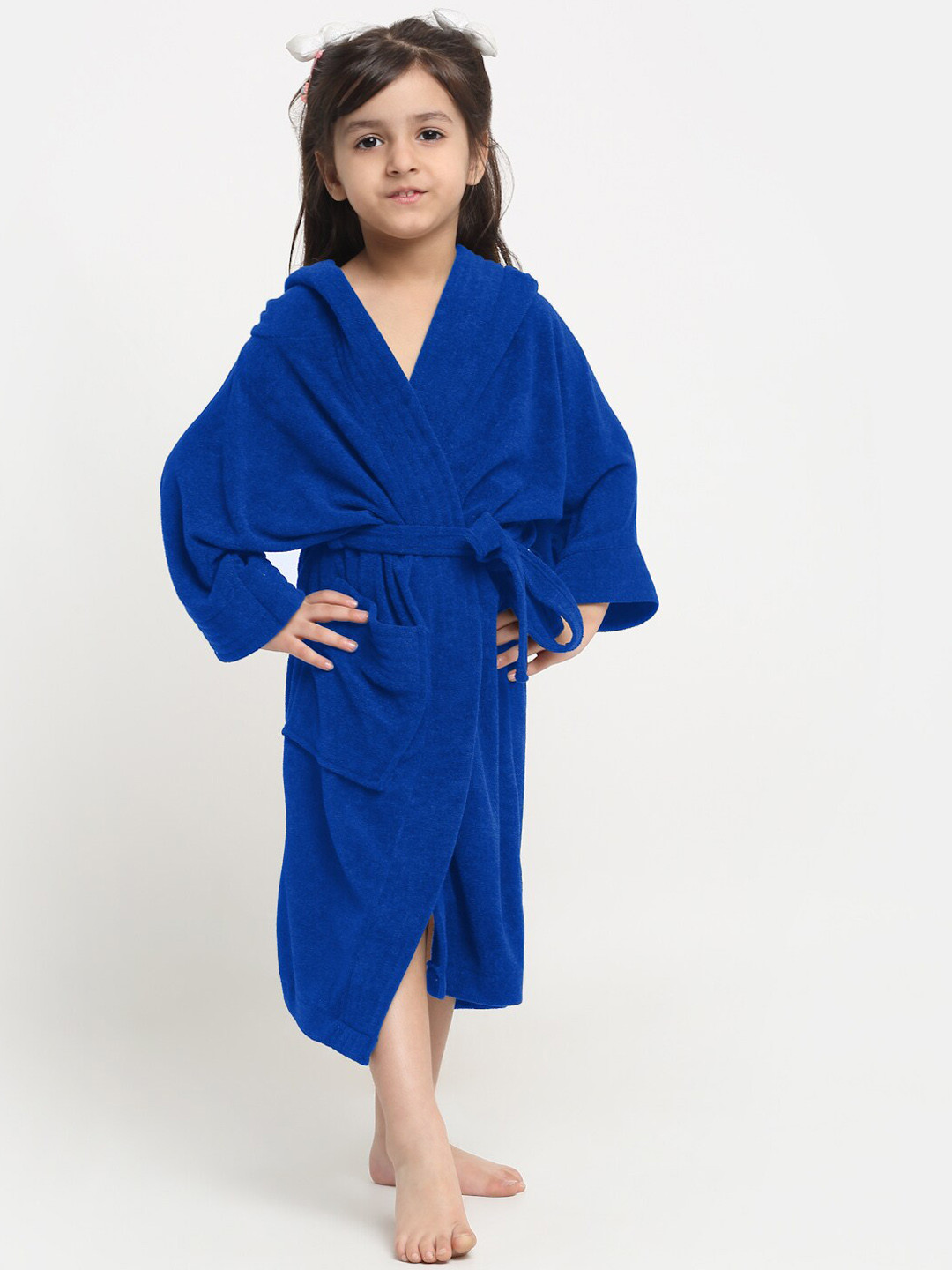 Creeva Melodious Blue Solid Terrycloth Drawstring Midi Bath Robe-6-7Y