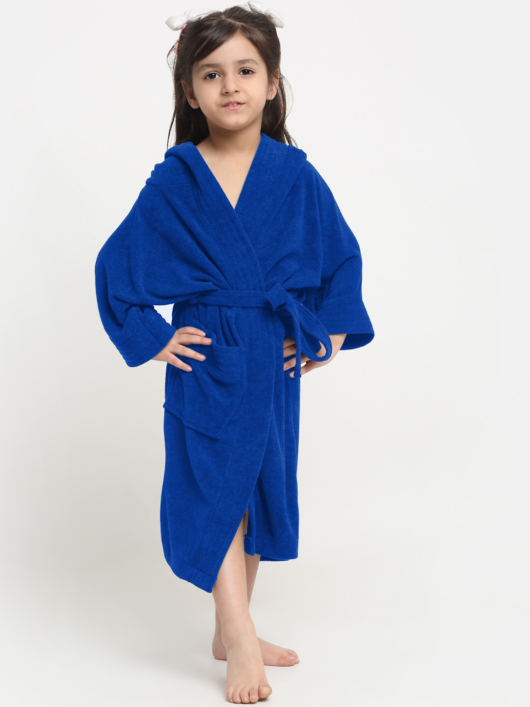 Creeva Melodious Blue Solid Terrycloth Drawstring Midi Bath Robe-10-11Y
