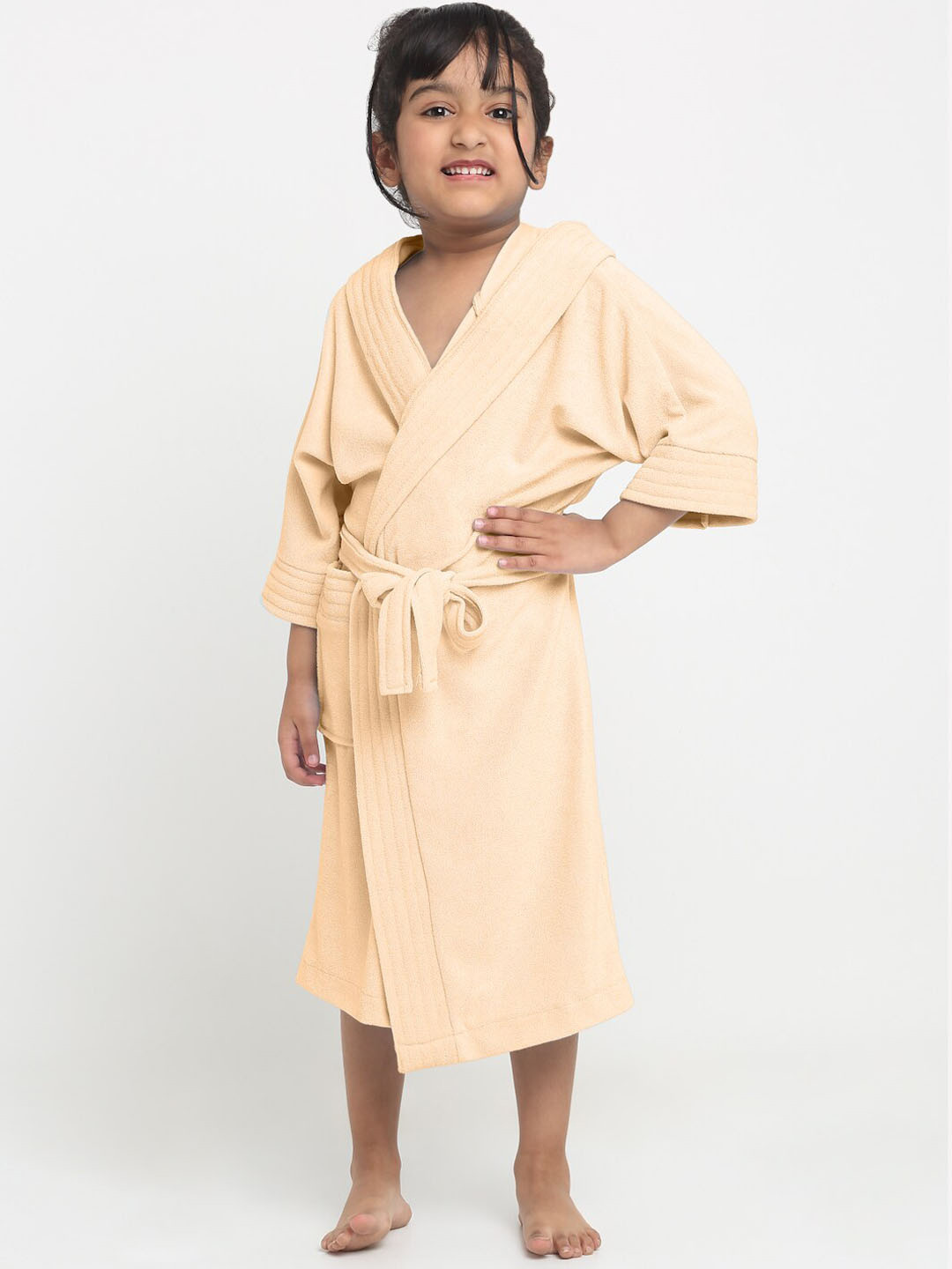 Creeva Melodious Beige Solid Terrycloth Drawstring Midi Bath Robe-8-9Y