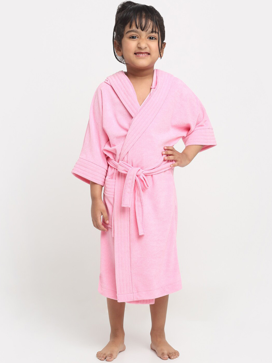 Creeva Melodious Pink Solid Terrycloth Drawstring Midi Bath Robe-14-15Y