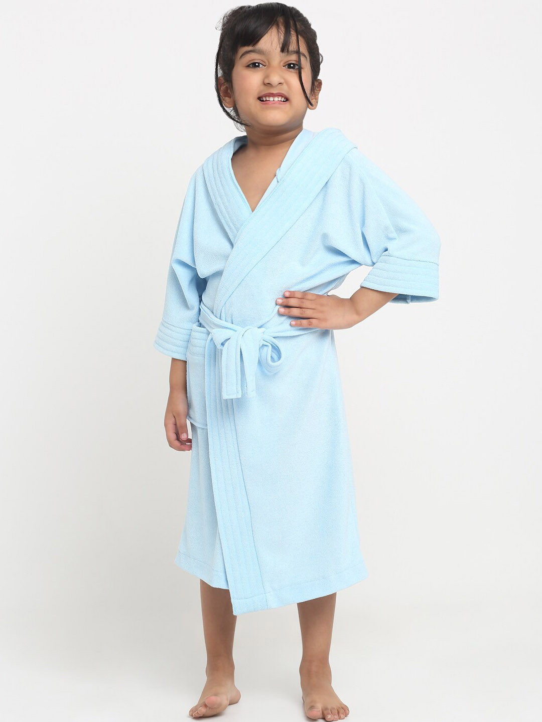 Creeva Melodious Blue Solid Terrycloth Drawstring Midi Bath Robe-14-15Y