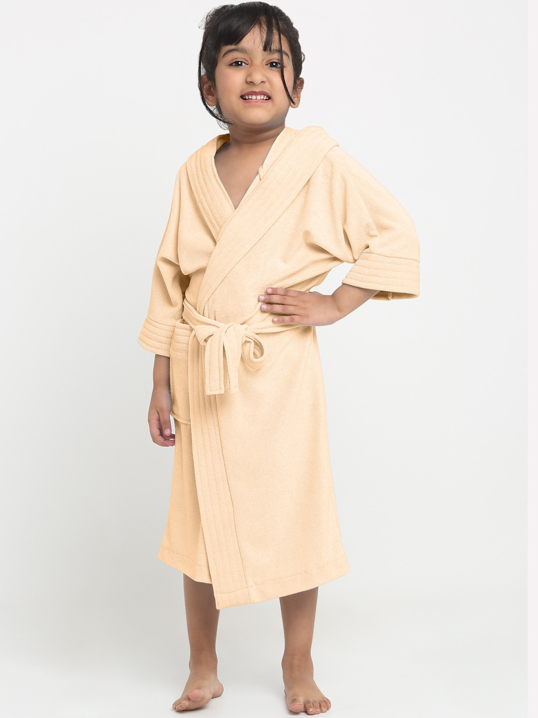 Creeva Melodious Beige Solid Terrycloth Drawstring Midi Bath Robe-4-5Y