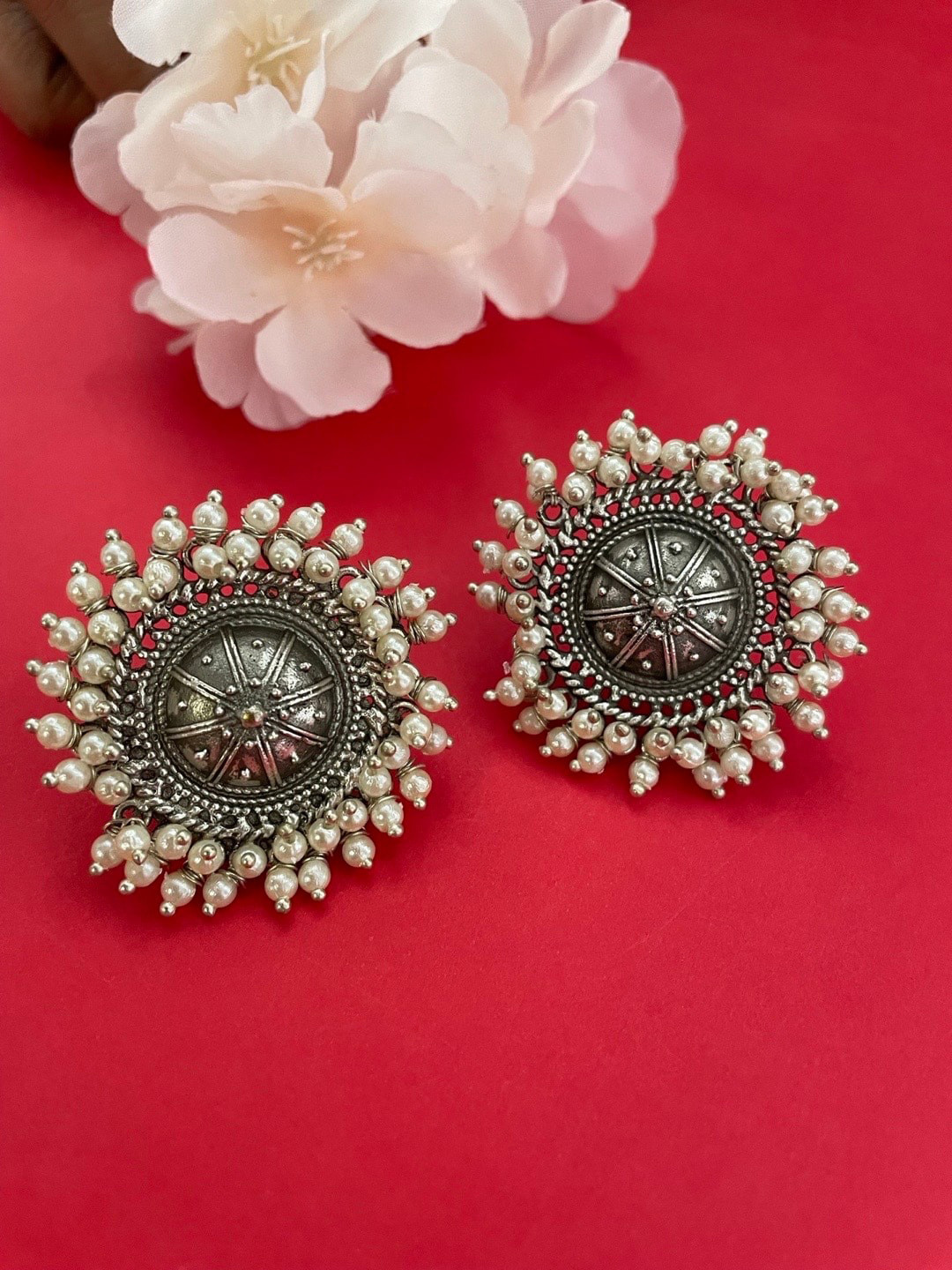 Digital Dress Room Silver-Plated Beaded Oxidized Circular Studs Earrings