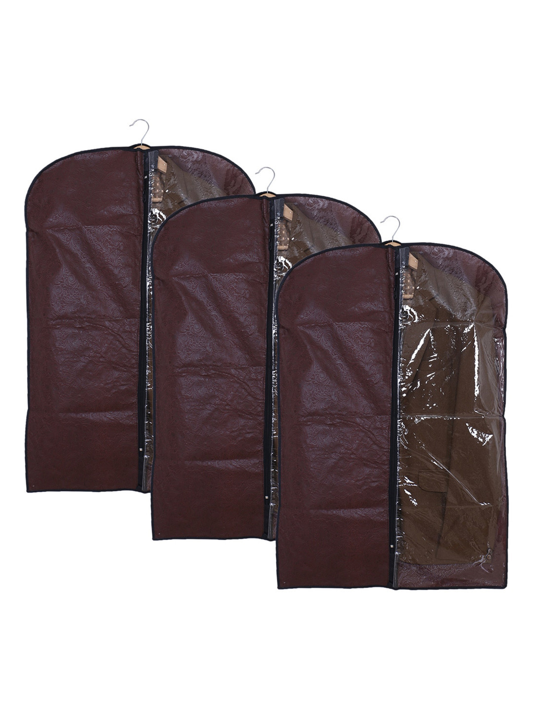 Kuber Industries Brown 3-Pcs Embossed Self Design Half Transparent Coat Covers