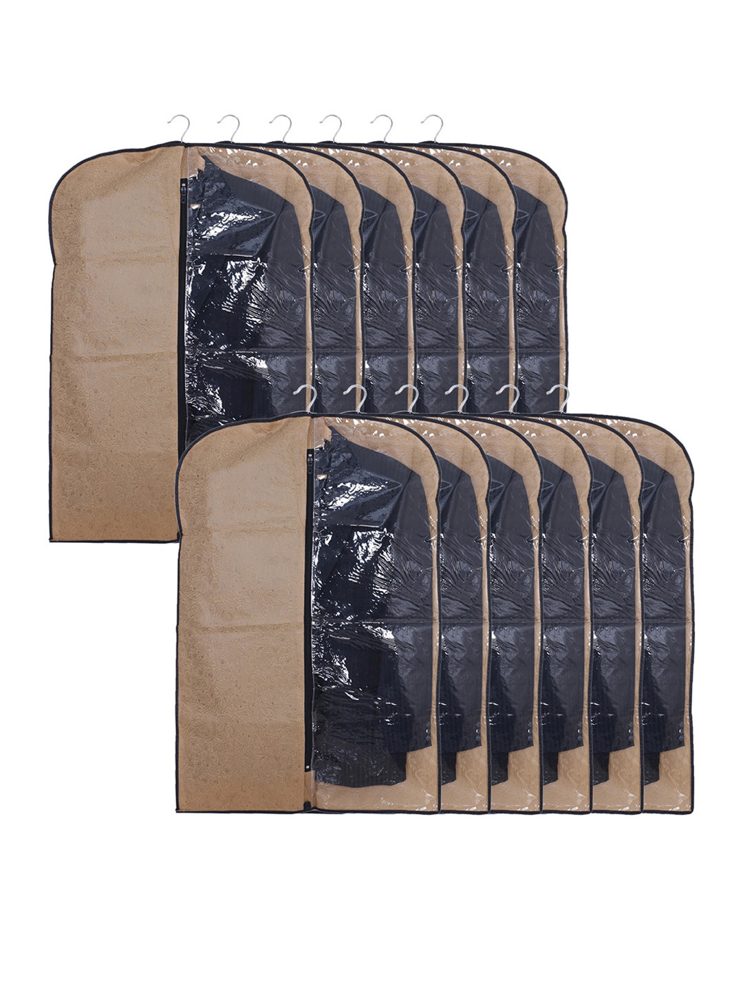 Kuber Industries Coffee Brown & Transparent 12 Pcs Self Design Foldable Coat Covers