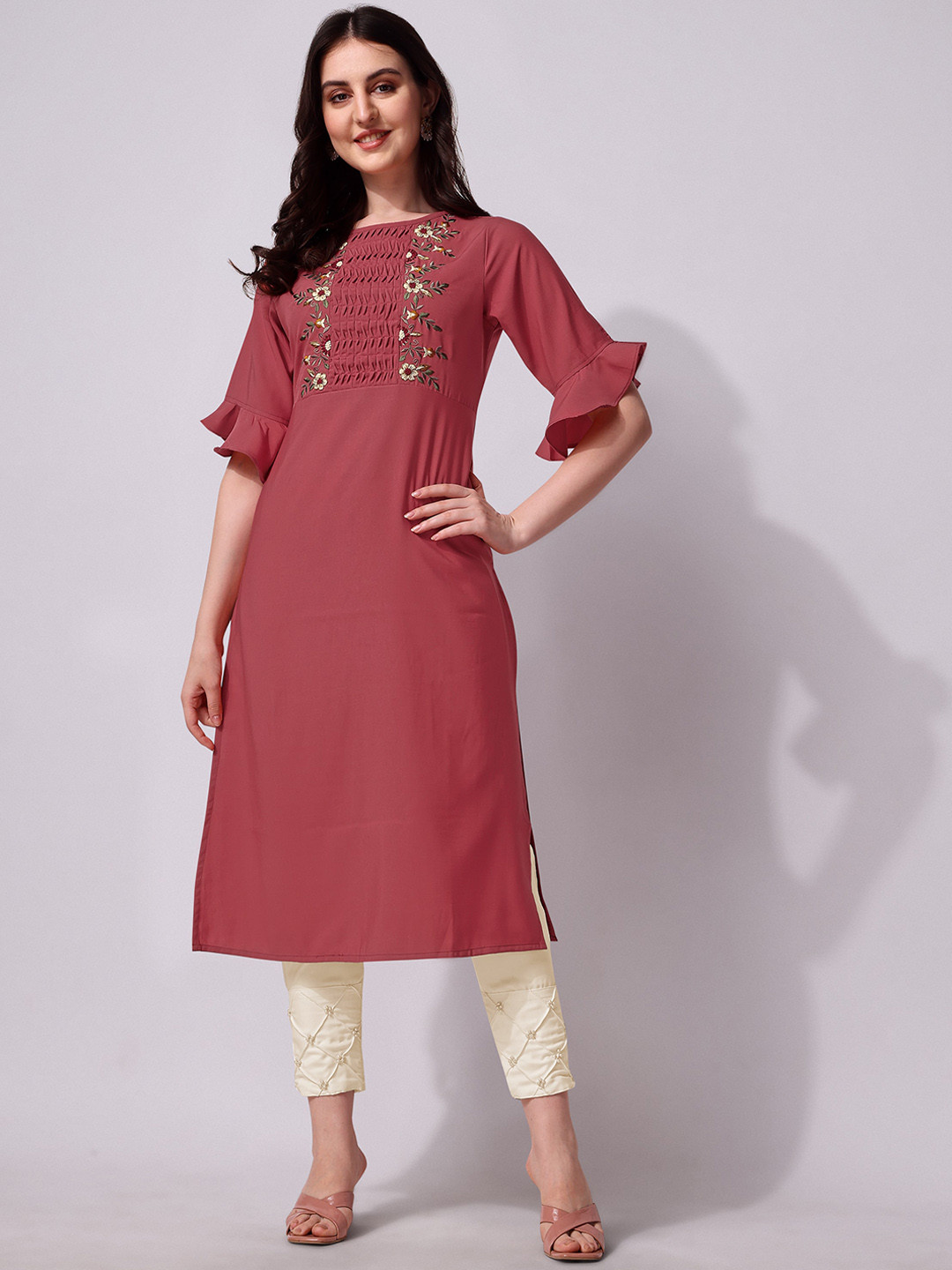Berrylicious Floral Embroidered Bell Sleeves Thread Work Kurta With Trousers