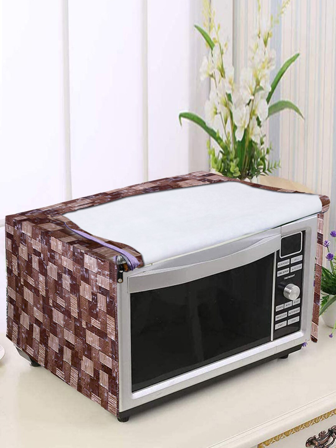 Kuber Industries Brown & Beige Wooden Printed Microwave Oven Cover 30 Ltr