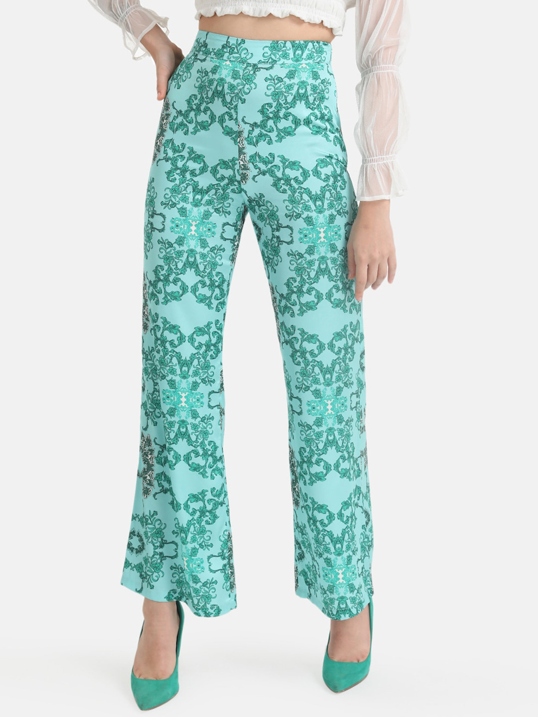 Kazo Women Floral Printed High-Rise Plain Bootcut Trousers