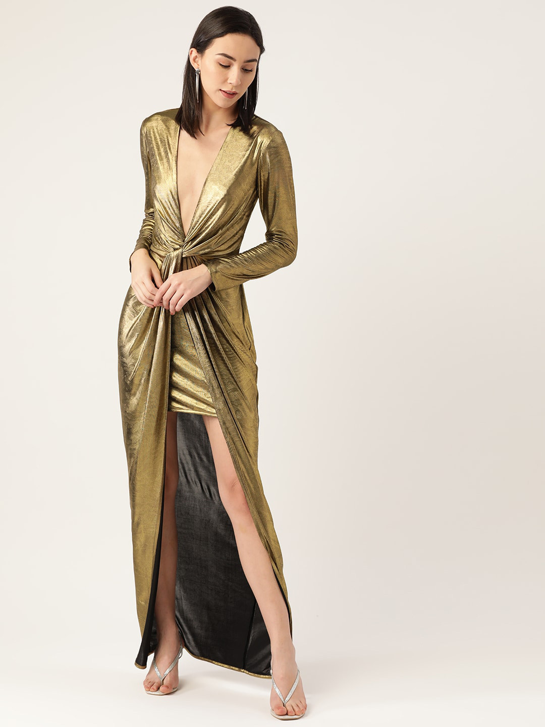 DODO & MOAV-Neck Satin Fit & Flare Maxi Dress