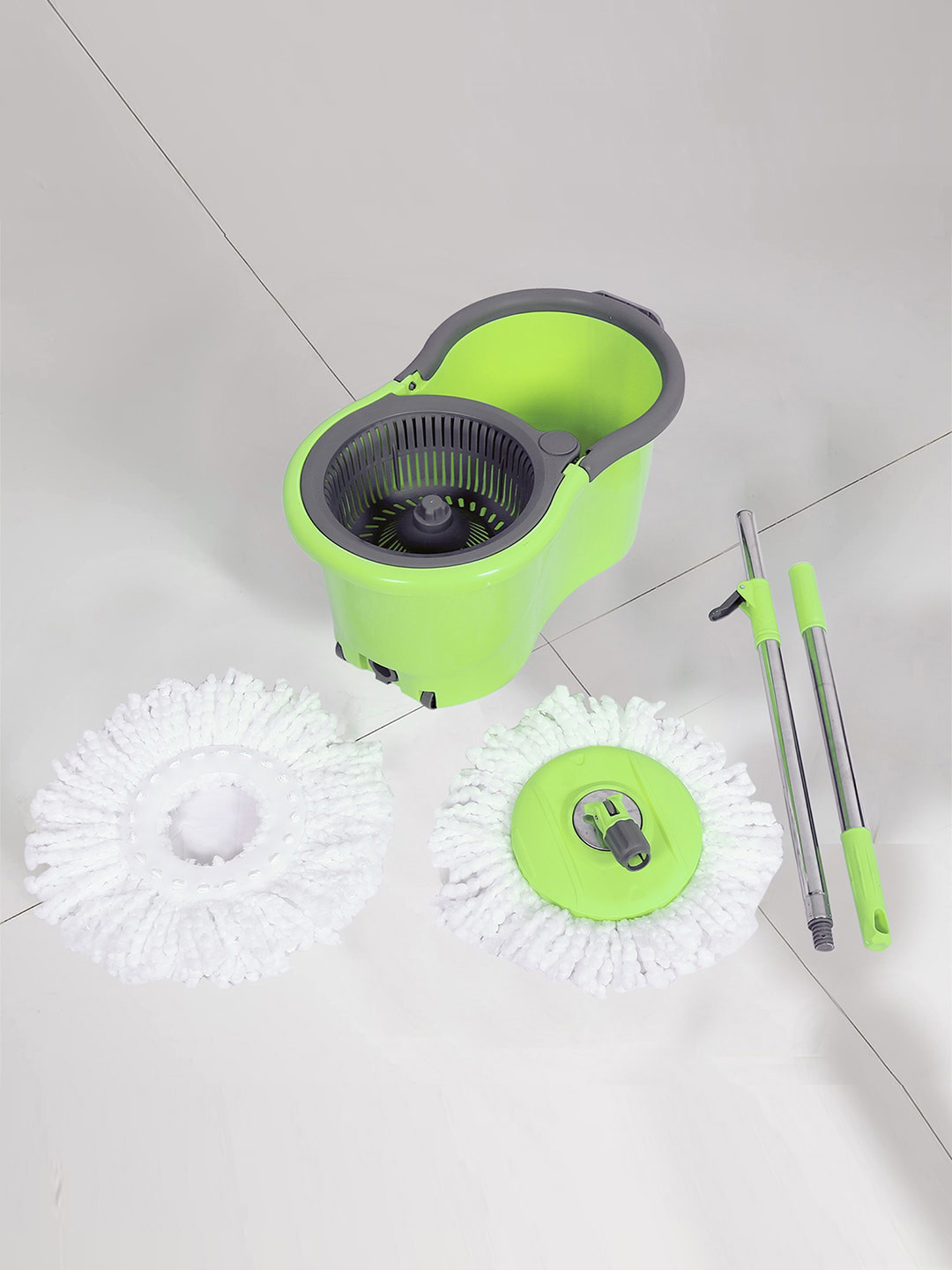 Kuber Industries Green & Grey Adjustable Mopping Set Microfiber 2 Head Refill With Bucket