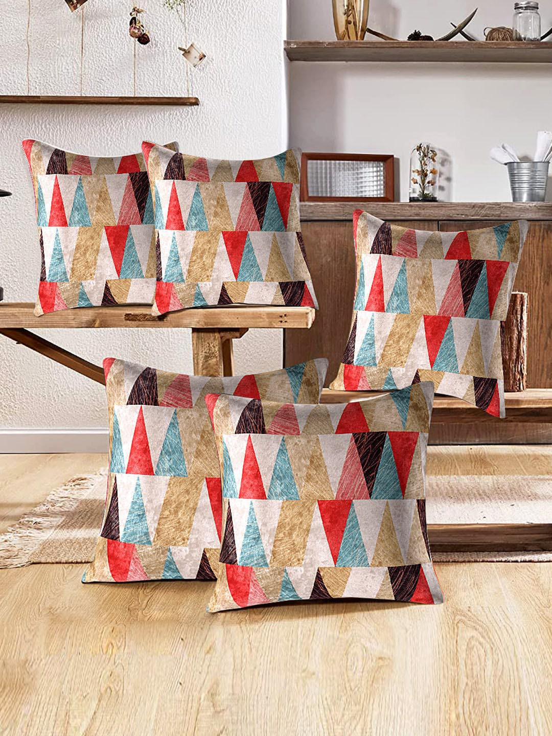 Kuber Industries White & Red 5-Pcs Geometric Printed Velvet Floor Cushions