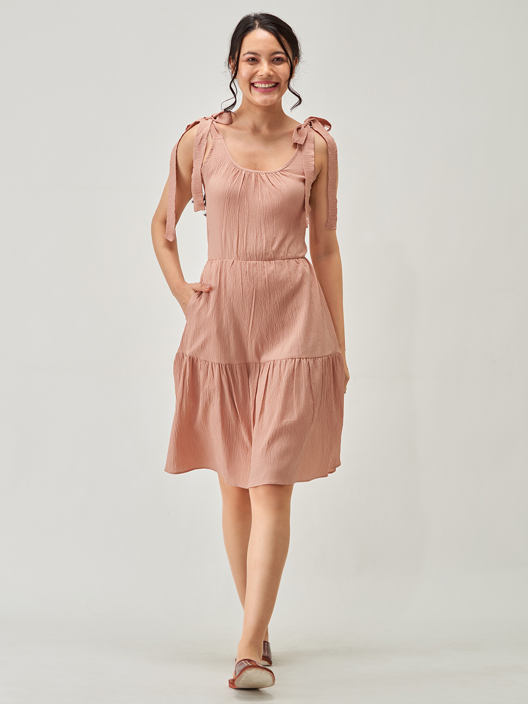 AASK Cream Tie-Up Neck Crepe A-Line Dress